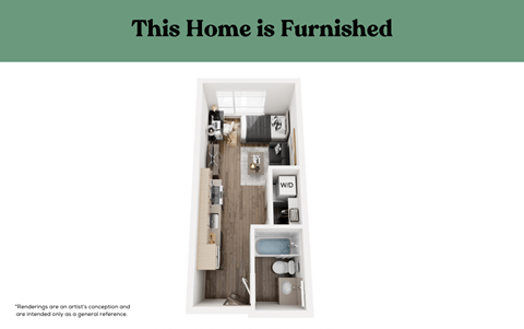 A small, neatly furnished apartment with a bed, desk, and shelves.